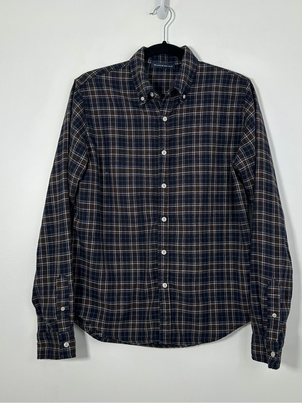 Brandy Melville Plaid Button Down Long Sleeve Shirt Navy Brown One Size
